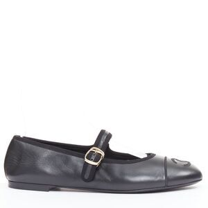 Chanel black soft lambskin stitched CC cap toe flats
